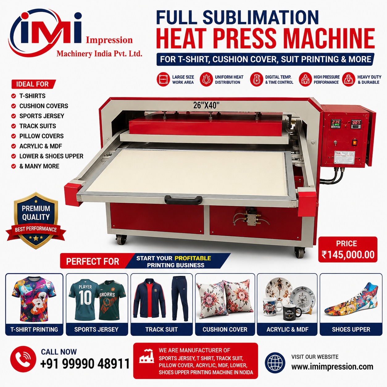 Full Sublimation Heat Press Machine for T-Shirt, Sports Jersey & Cushion Cover Printing